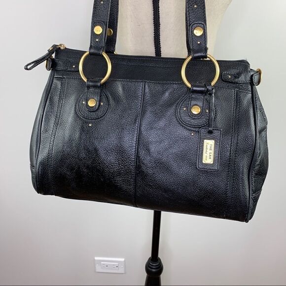 The Sak Pink‎ Label Black Leather Satchel Shoulder Bag Brass Rings Double Strap - Picture 2 of 16